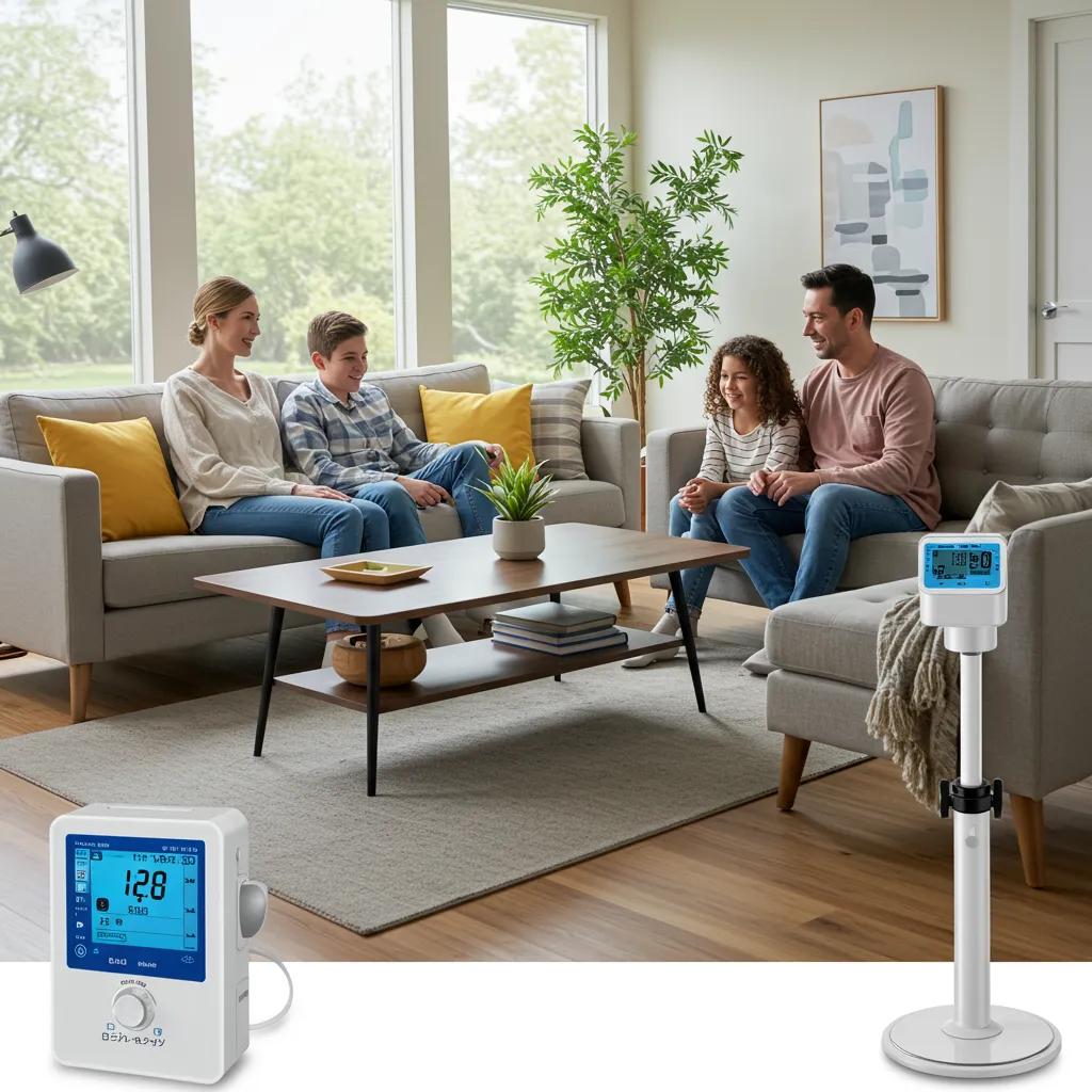 Family enjoying a healthy indoor environment with air quality testing equipment in a bright living room