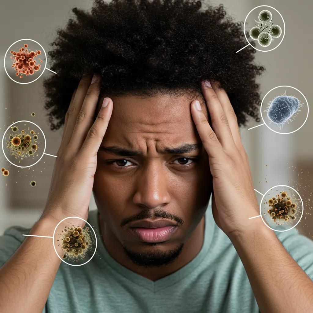 Individual showing concern over health issues caused by poor indoor air quality with visual representations of pollutants