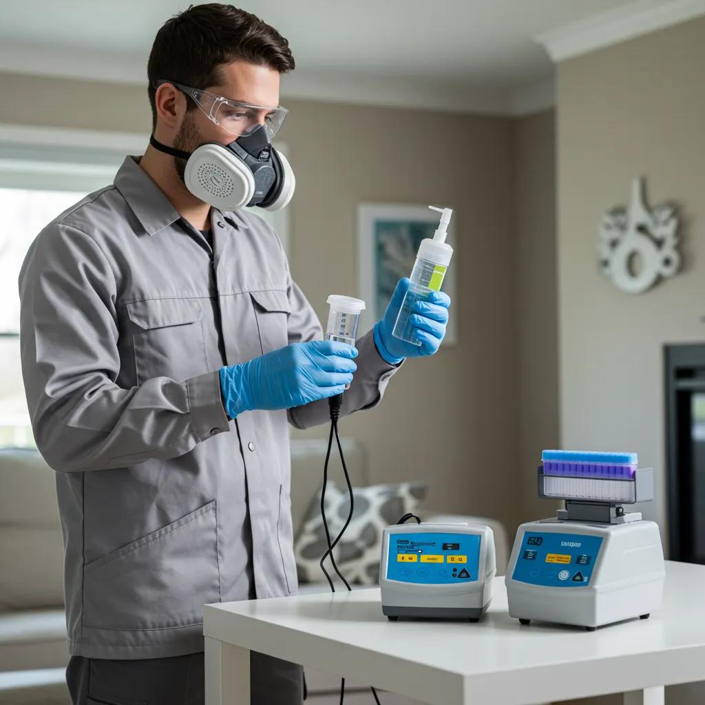 Technician conducting indoor air quality testing in a home environment with specialized equipment