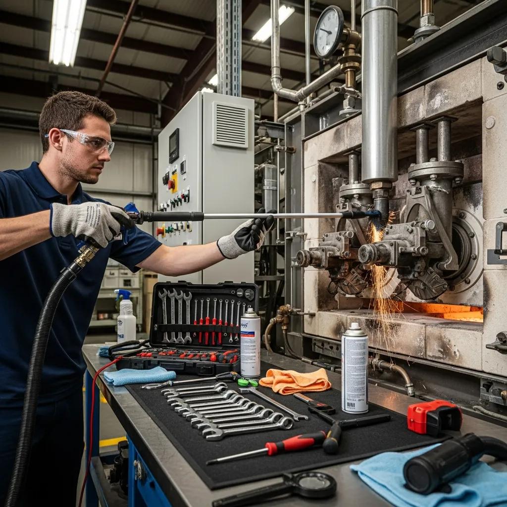 Essential Furnace Maintenance & Tune-Ups 3 Technician cleaning the burners of a furnace as part of a tune-up process