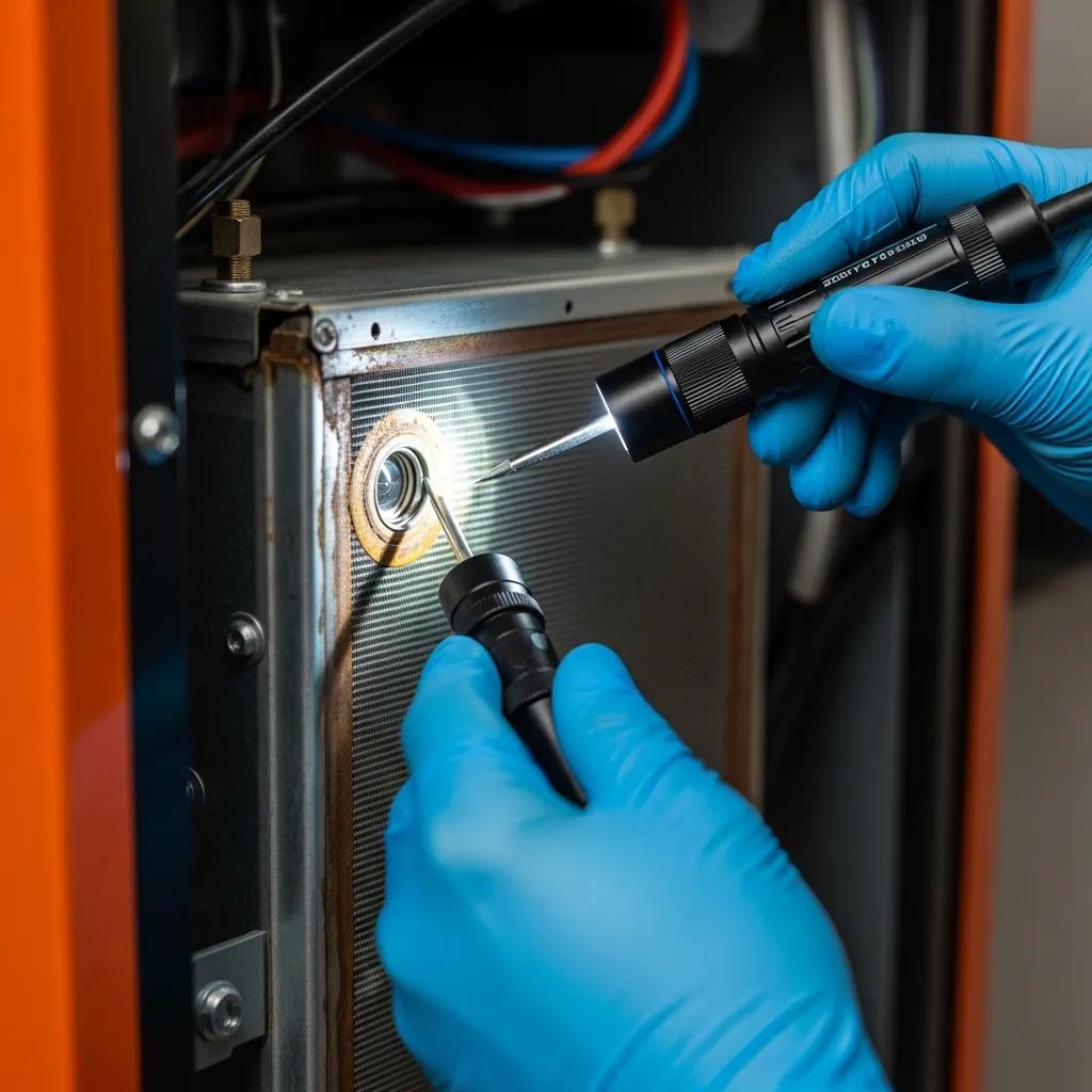 Essential Furnace Maintenance & Tune-Ups 2 Technician inspecting the heat exchanger of a furnace during a comprehensive inspection