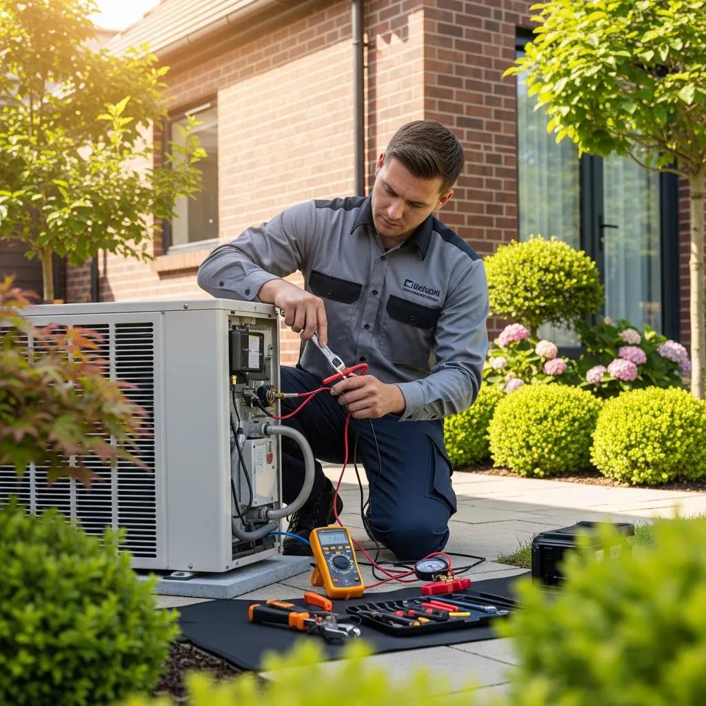 HVAC Blog 13 Technician performing air conditioning maintenance in a residential setting