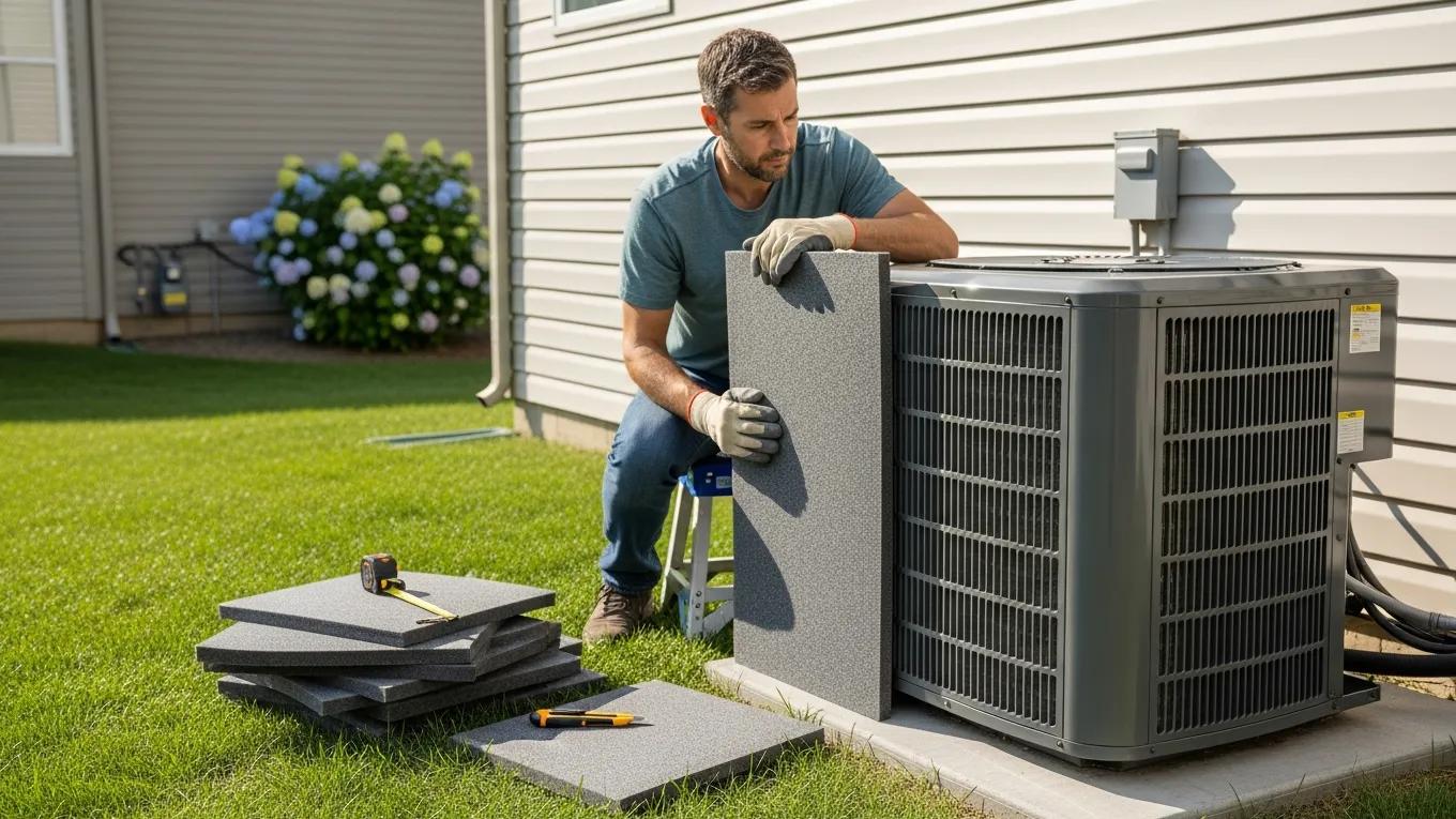 Tips for a Quieter HVAC System 3 Homeowner applying soundproofing materials around an air conditioning unit for noise reduction