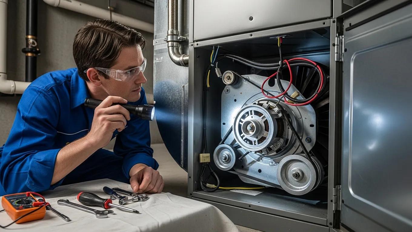 Tips for a Quieter HVAC System 2 Technician inspecting a furnace for mechanical issues, highlighting maintenance practices